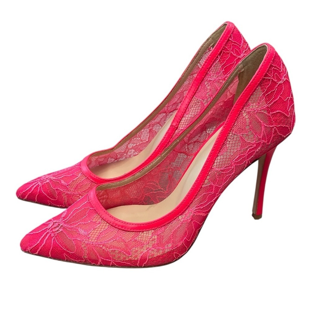 New L’Agence Simone Pointed Toe Embroidered Lace Pump Neon Pink Heels Sz 6